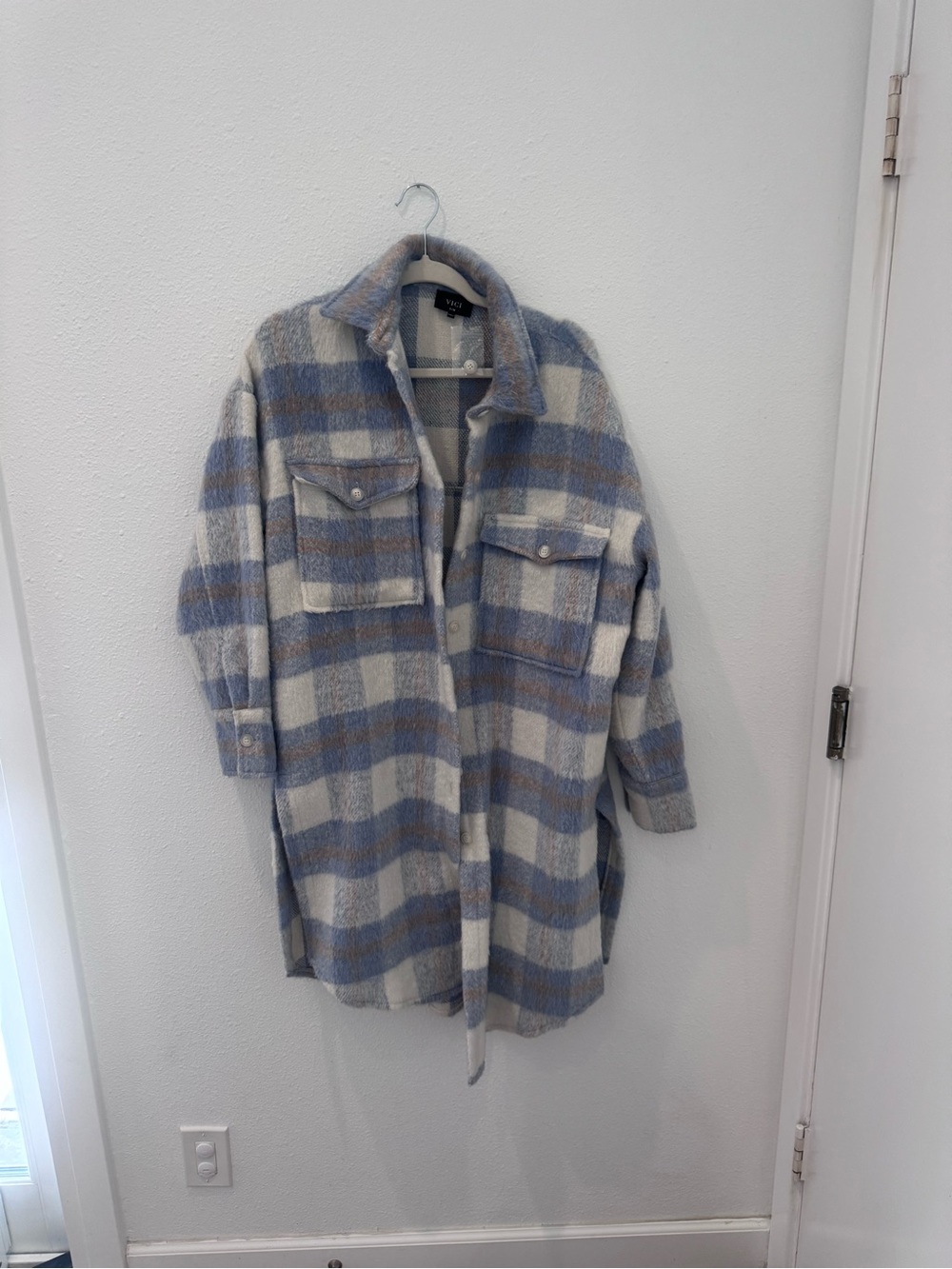 Plaid Shacket Trench in Cream and Light Blue